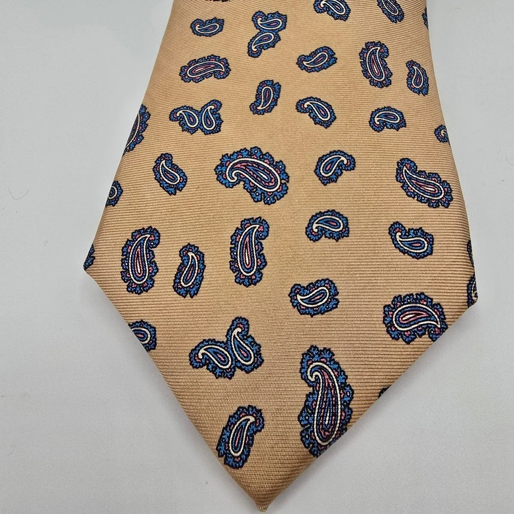 Mens Luxury 100% Silk Paisley Necktie Handmade Italy Formal Business Tan‎ Navy